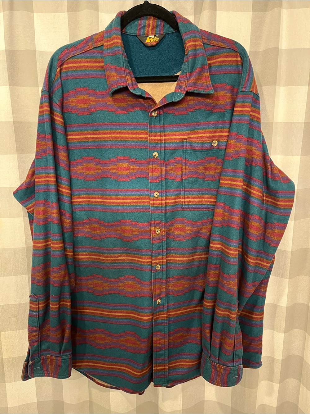 REI Teal Aztec Stripe Button-Down Shirt with Pink and Orange Accents